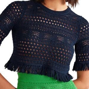 Boden Navy Blue Cropped Fringe Crochet Top S